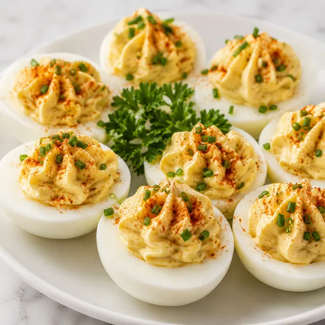 Halved deviled eggs with creamy yolk filling, chives, and paprika on a white plate
