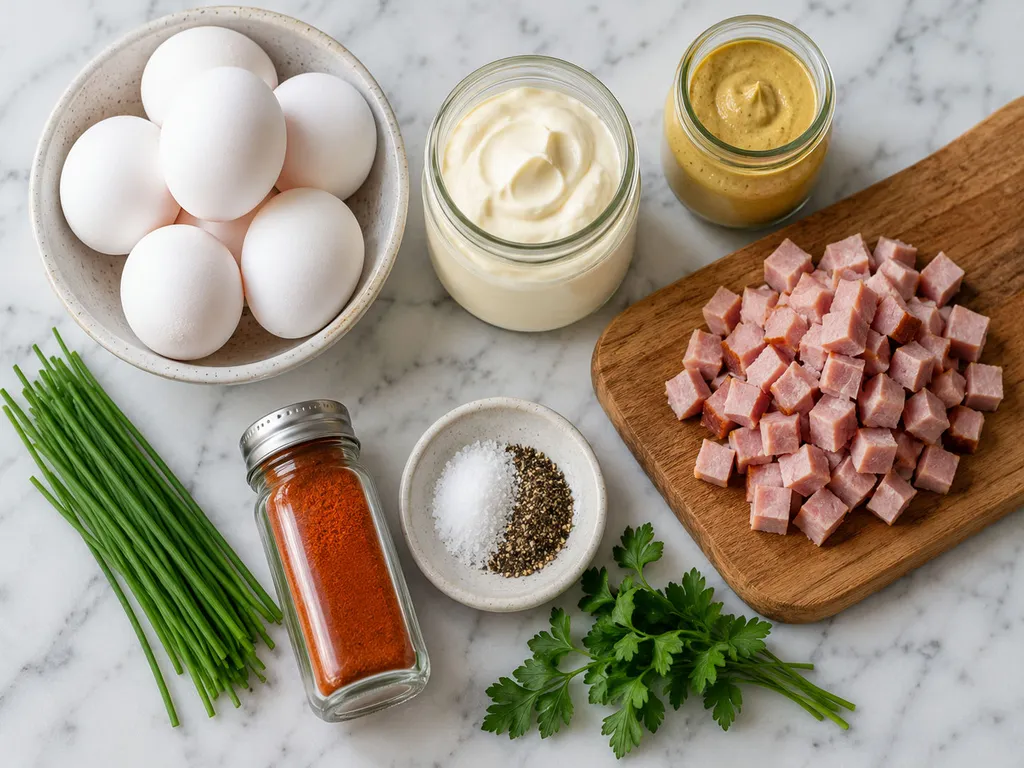 Eggs, mayonnaise, mustard, diced ham, chives, and paprika arranged on a wooden board