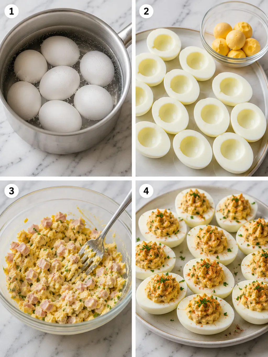 Four steps of making stuffed eggs from boiling to piping the creamy filling