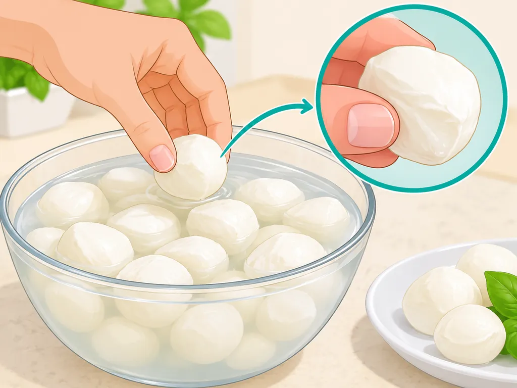 Wybieranie świeżych kulek mozzarelli z zalewy.