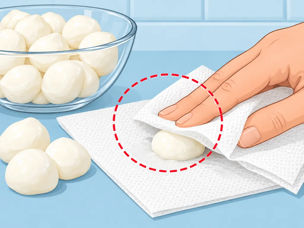 Osuszanie kulki mozzarelli papierowym ręcznikiem.