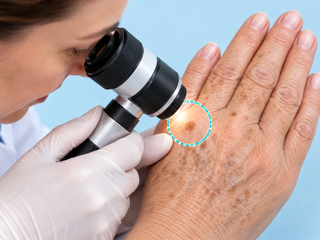Dermatolog oglądający plamkę na grzbiecie dłoni za pomocą dermatoskopu.