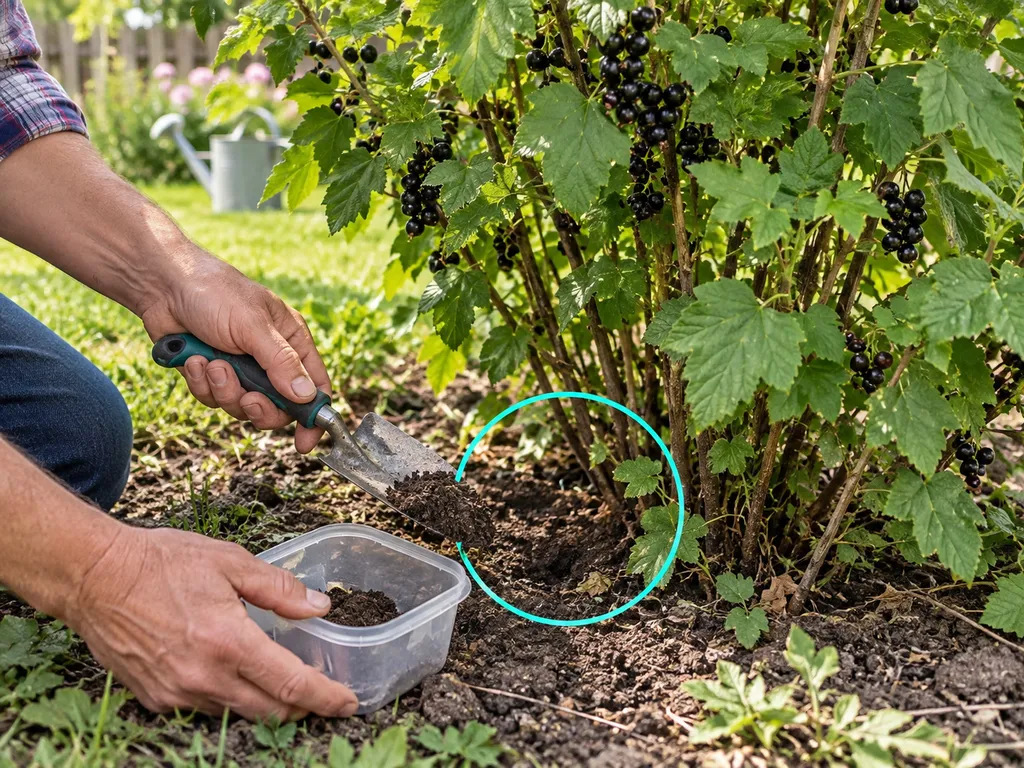 Pobieranie próbki ziemi do badania przed decyzją o nawożeniu porzeczek.