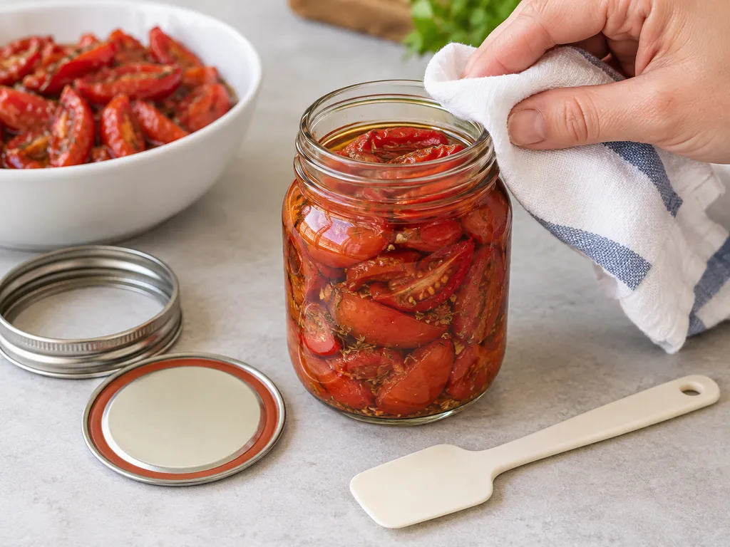 Wycieranie krawędzi słoika po usunięciu pęcherzyków powietrza.