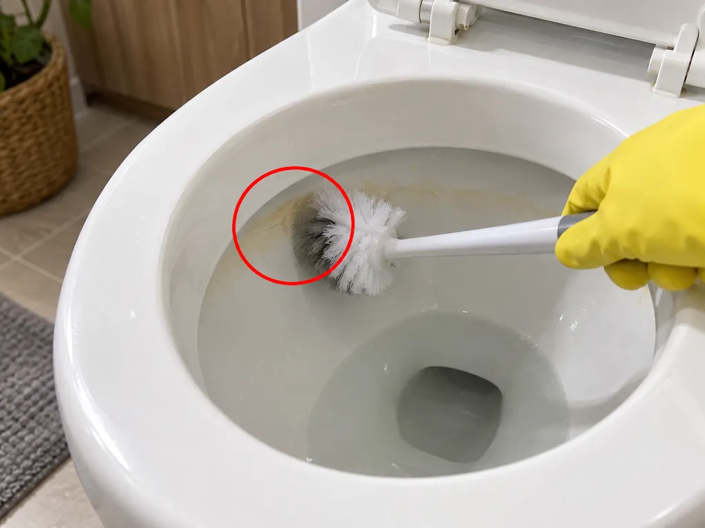 Szorowanie plamy szczotką do toalety po zadziałaniu środka.