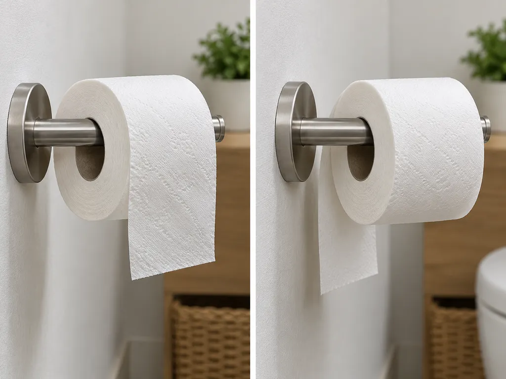 Porównanie z boku: końcówka papieru przed rolką oraz końcówka między rolką a ścianą.