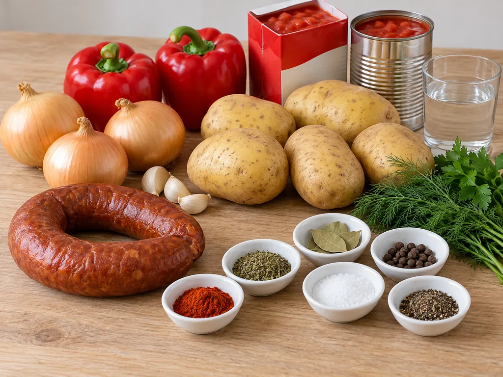 Surowe składniki na kociołek: kiełbasa, ziemniaki, papryka, cebula i przyprawy