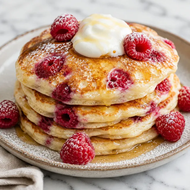 Stack of fluffy yogurt raspberry pancakes with powdered sugar and honey drizzle