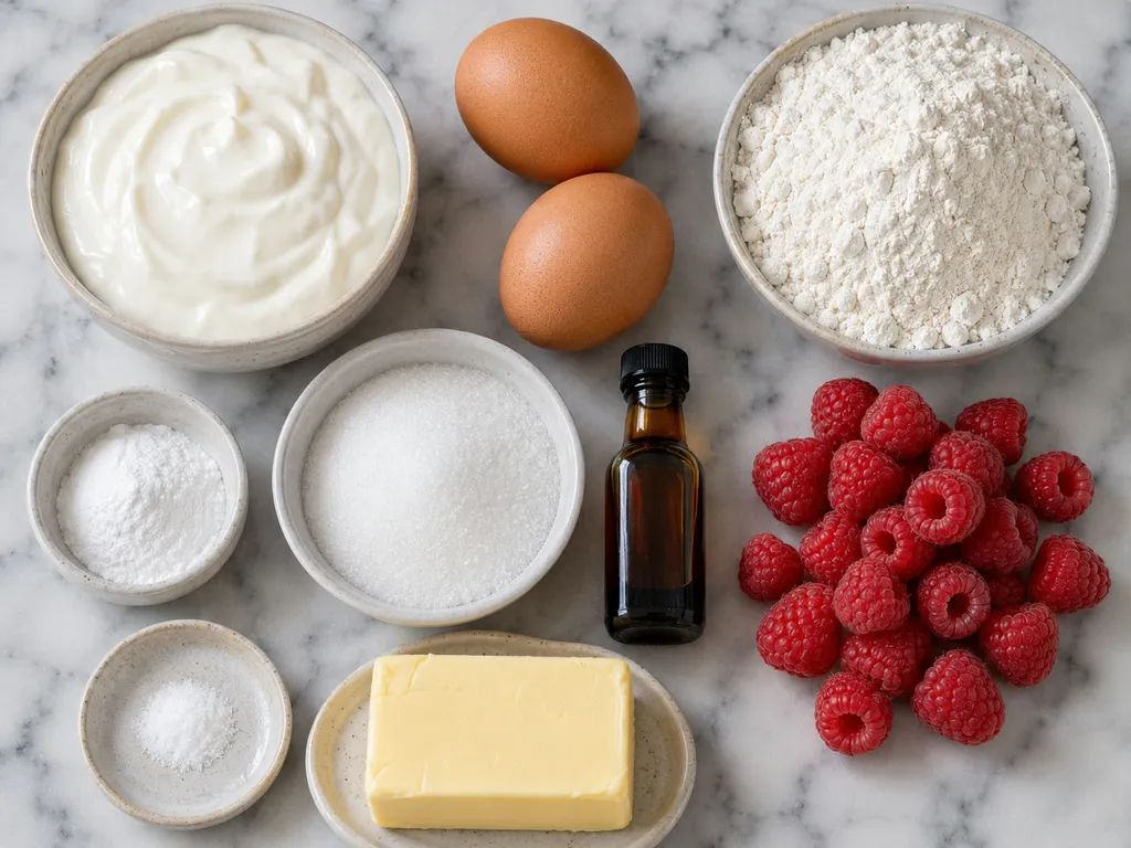 Raw ingredients for yogurt raspberry pancakes including yogurt, eggs, flour and berries