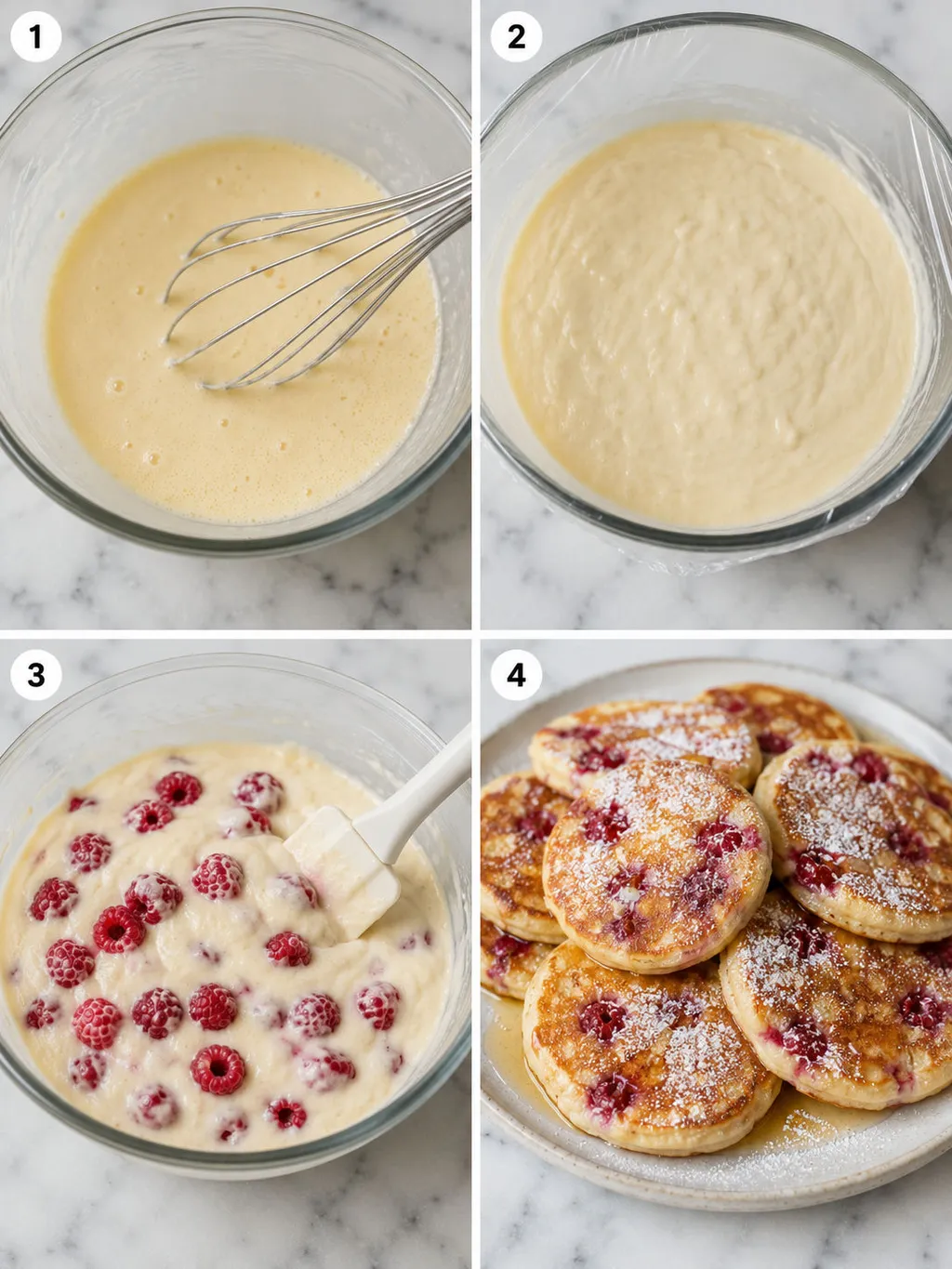 Four steps of making yogurt raspberry pancakes from mixing batter to frying