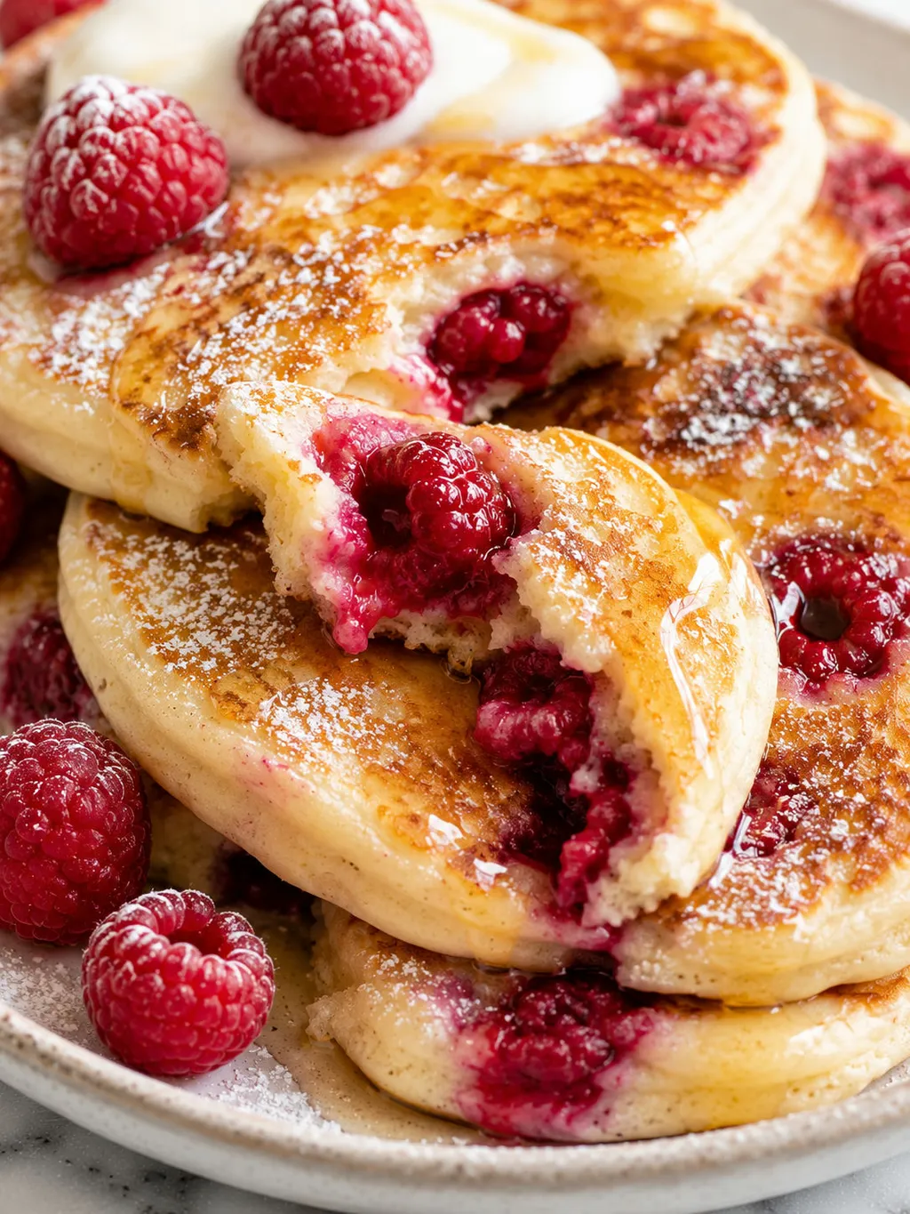 Torn yogurt raspberry pancake with honey drizzle and powdered sugar close up