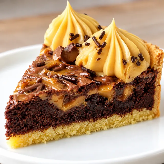 Kawałek tarty brownie z kajmakiem z widocznymi warstwami ciasta, brownie i kremu