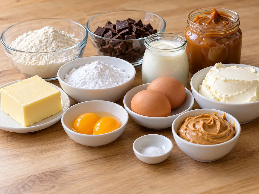 Surowe składniki na tartę brownie z kajmakiem, czekolada, kajmak i mascarpone