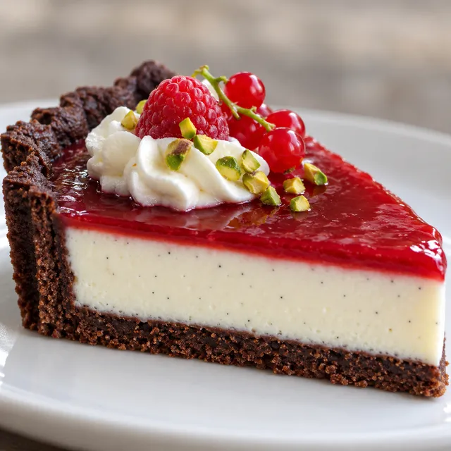Kawałek tarty panna cotta z kakaowym spodem i malinową żelką na wierzchu