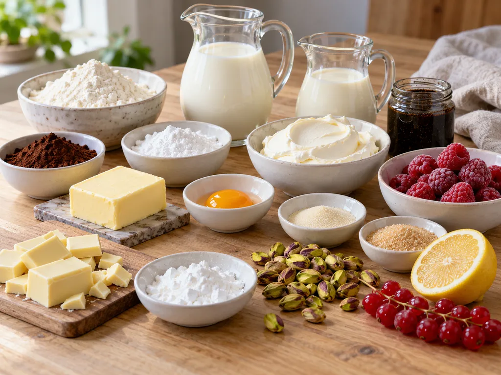 Składniki na tartę panna cotta z malinową żelką od mąki po maliny
