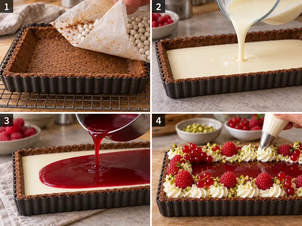 Etapy przygotowania tarty panna cotta, od pieczenia spodu po dekorację