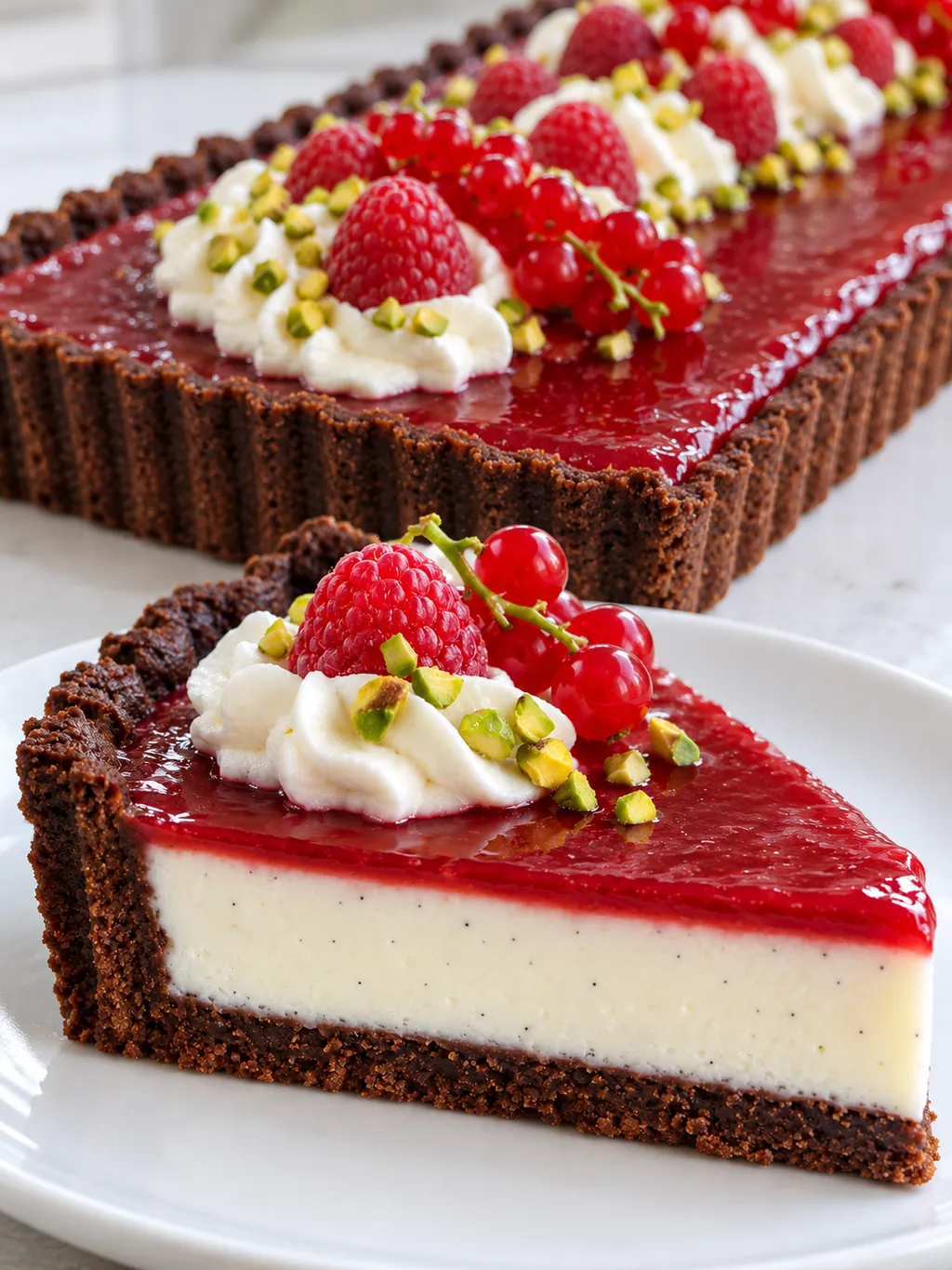 Tarta panna cotta z malinową żelką, cała forma i jeden kawałek na talerzu