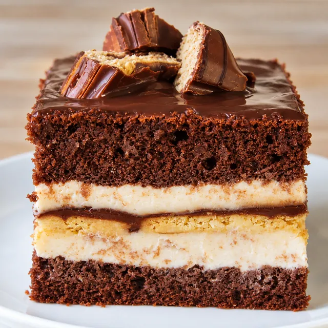 Kwadratowy kawałek ciasta Kinder Bueno z kremem orzechowym i polewą czekoladową