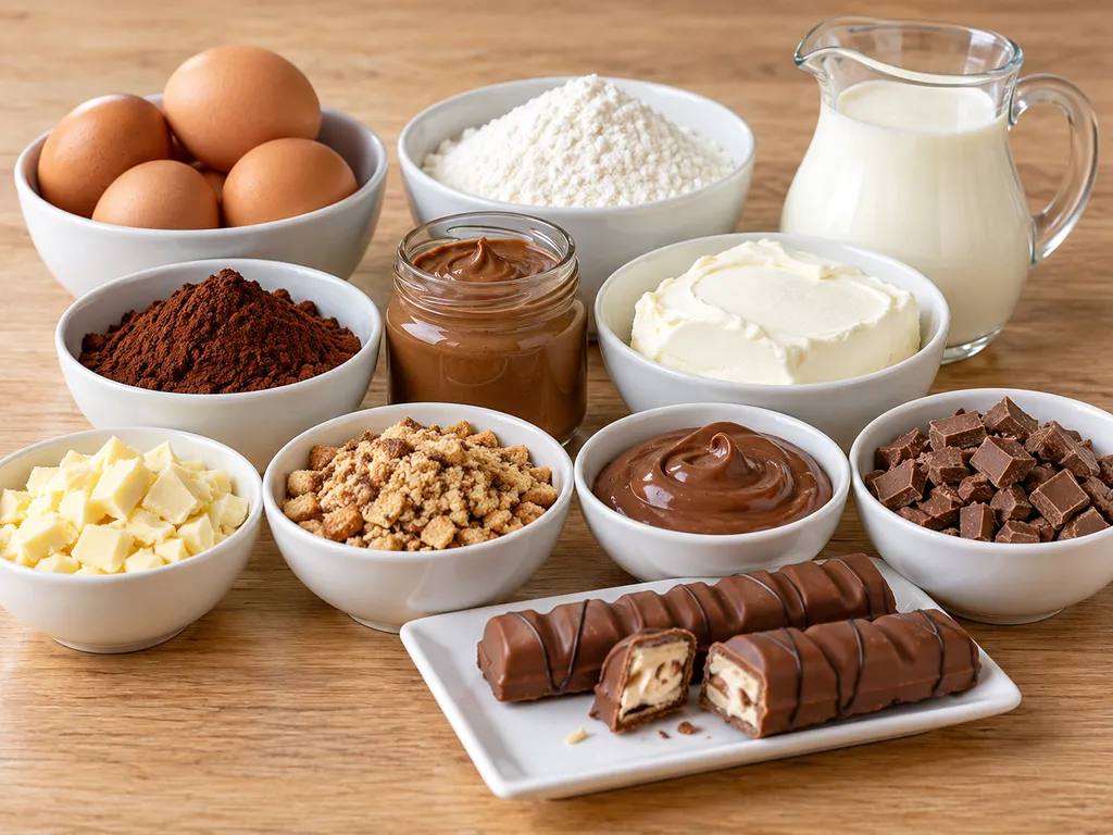 Składniki na ciasto Kinder Bueno na biszkopcie: kakao, mascarpone, pasta orzechowa, czekolada