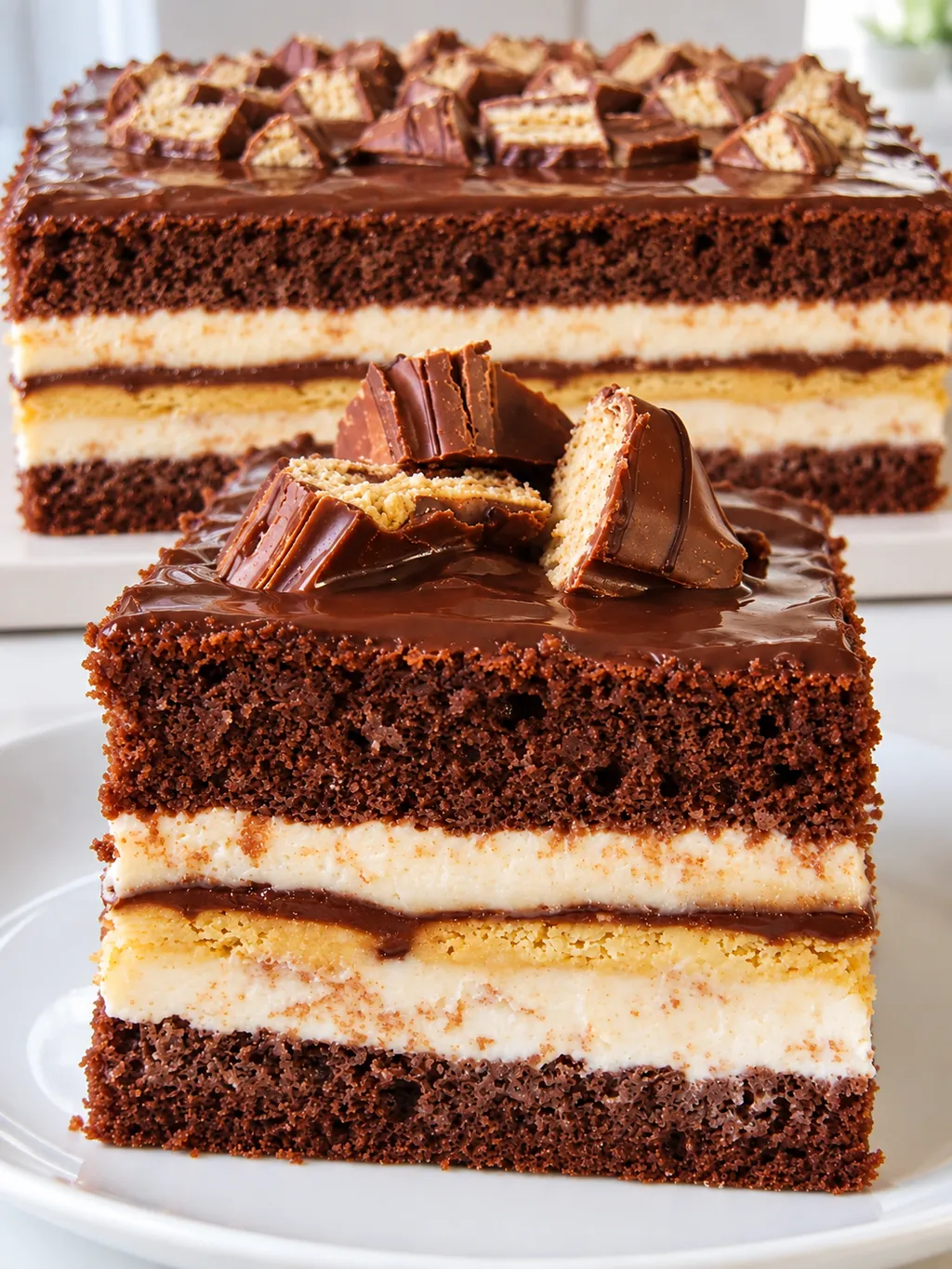 Cały kwadratowy tort Kinder Bueno i jeden kawałek z widocznymi warstwami kremu