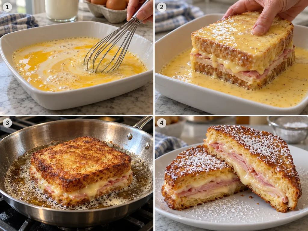 Cztery etapy przygotowania kanapki Monte Cristo od kąpieli jajecznej do smażenia