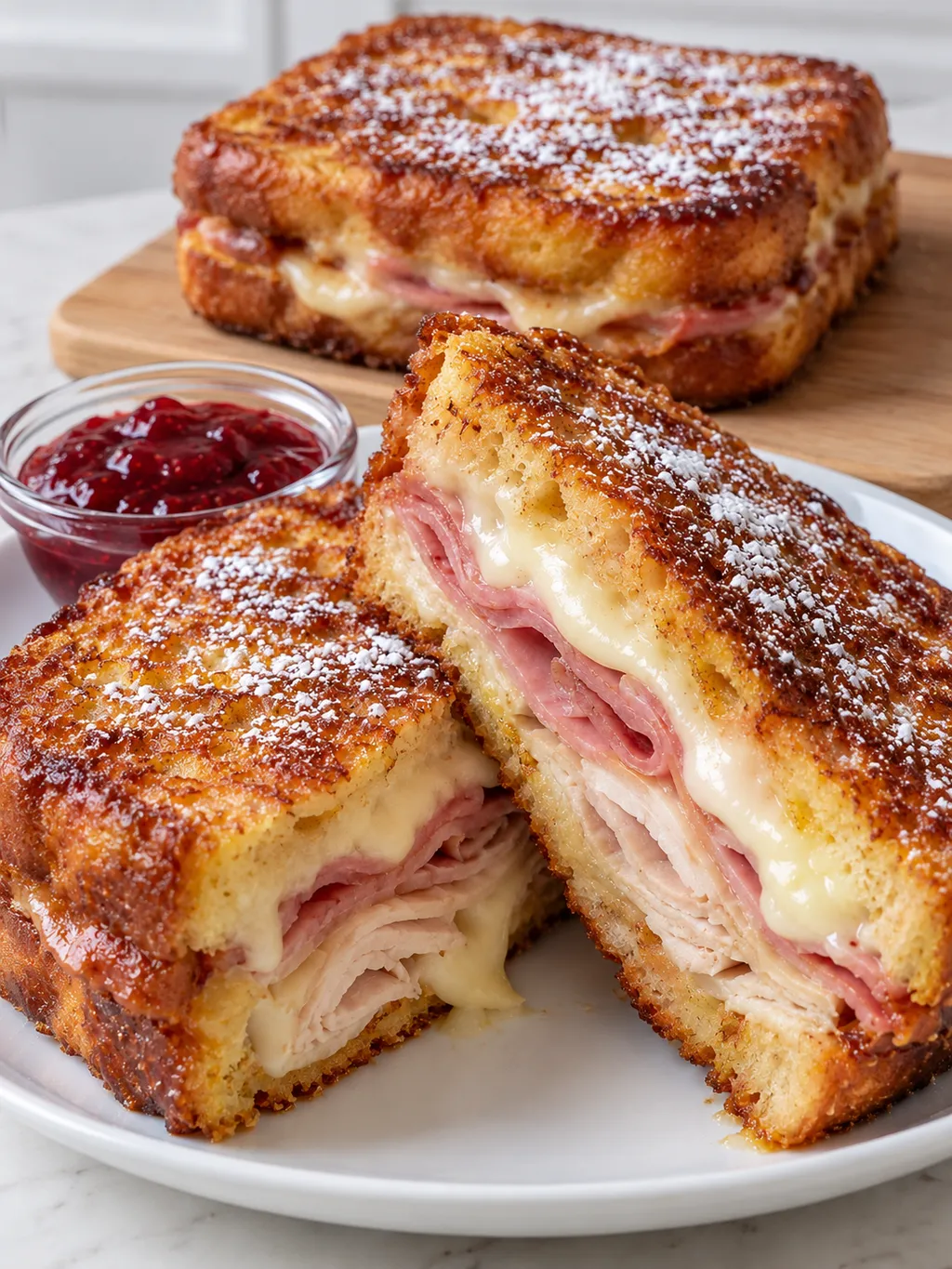 Kanapka Monte Cristo z szynką, indykiem i serem, podana z dżemem do maczania