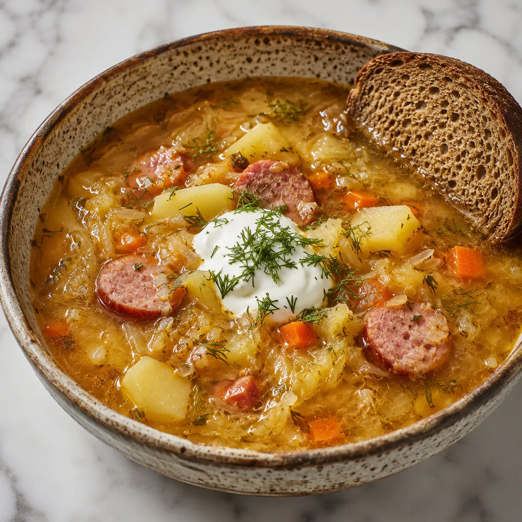 Bowl of kapuśniak sauerkraut soup with smoked sausage, potatoes and sour cream