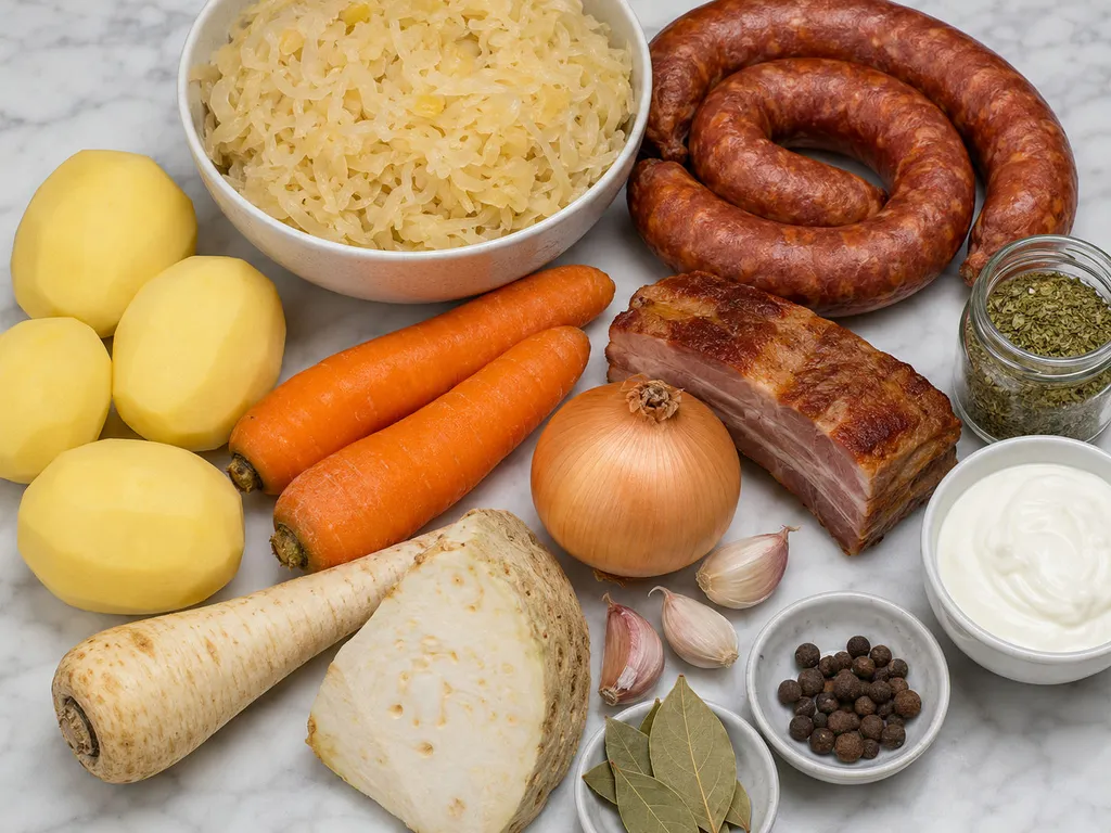 Raw ingredients for kapuśniak including sauerkraut, smoked sausage and root vegetables