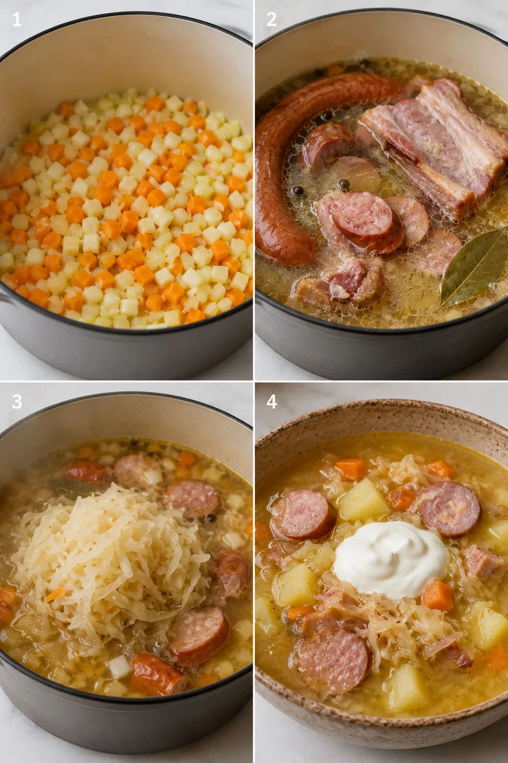 Four steps of cooking kapuśniak from sauteed vegetables to the finished soup