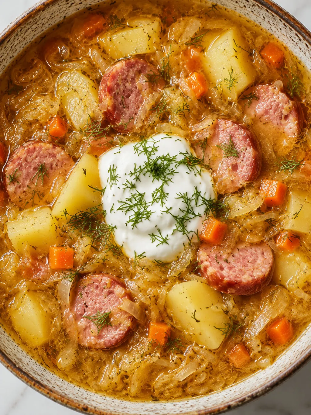 Top-down bowl of kapuśniak sauerkraut soup with sour cream and dill