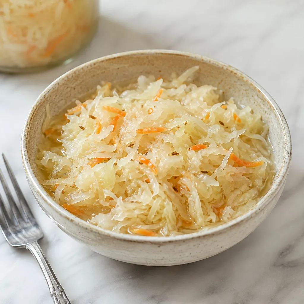 Homemade Polish sauerkraut with shredded cabbage and carrot in a ceramic bowl