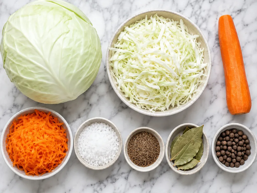 Raw cabbage, carrot, salt and caraway seeds for making sauerkraut