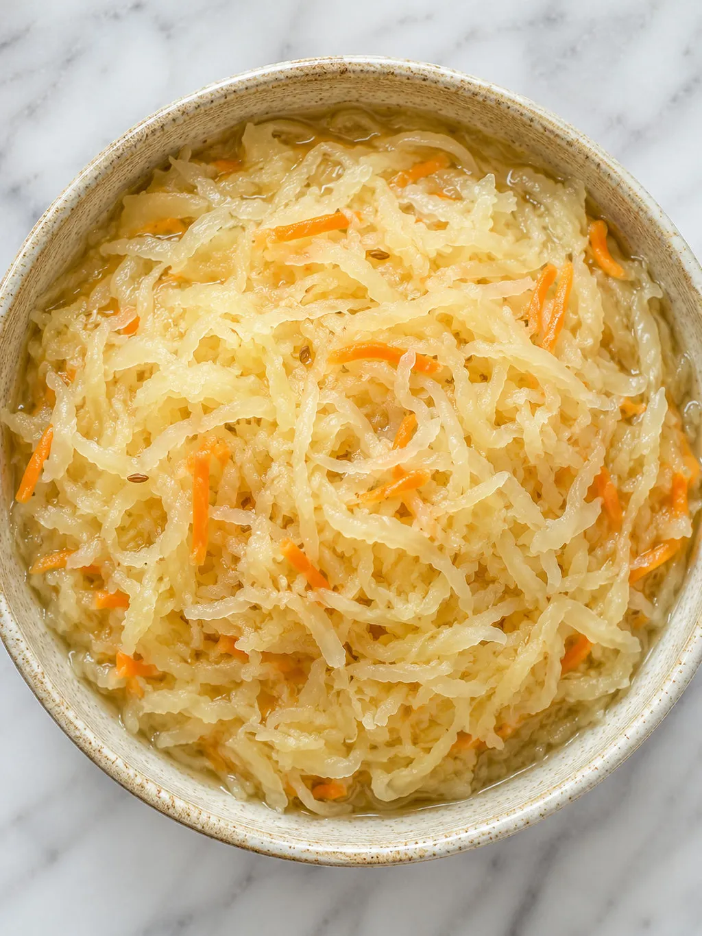 Top-down view of homemade sauerkraut with carrot and caraway seeds in a bowl