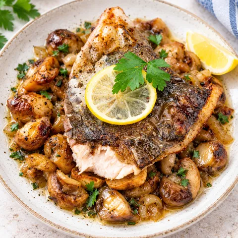 Pieczony karp z pieczarkami, cebulą i natką pietruszki