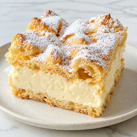 Slice of Polish karpatka cake with cracked choux pastry top and vanilla cream, dusted with powdered sugar