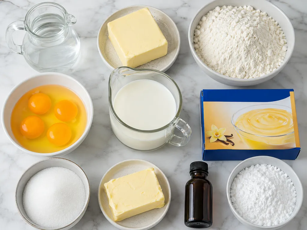 Raw ingredients for karpatka cake including flour, butter, eggs, milk and vanilla pudding powder