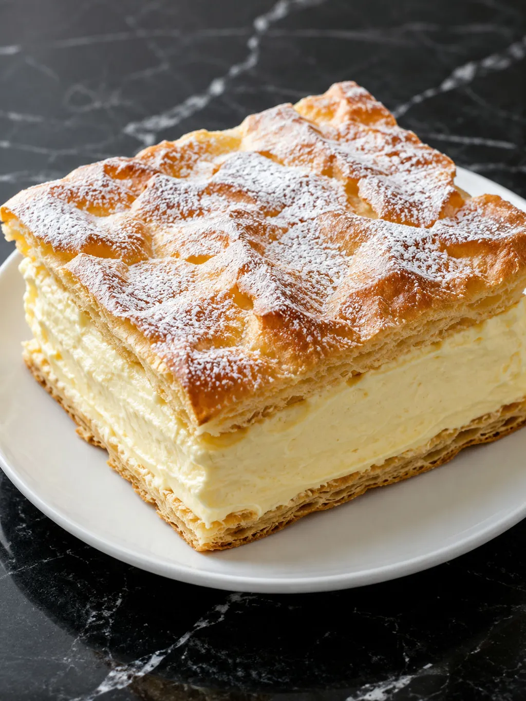 Four steps of making karpatka cake from choux dough to spreading vanilla cream