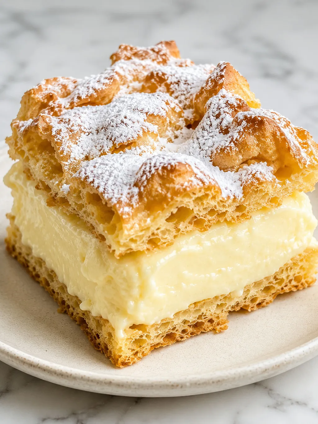 Close-up slice of karpatka cake with cracked choux top and thick vanilla cream filling