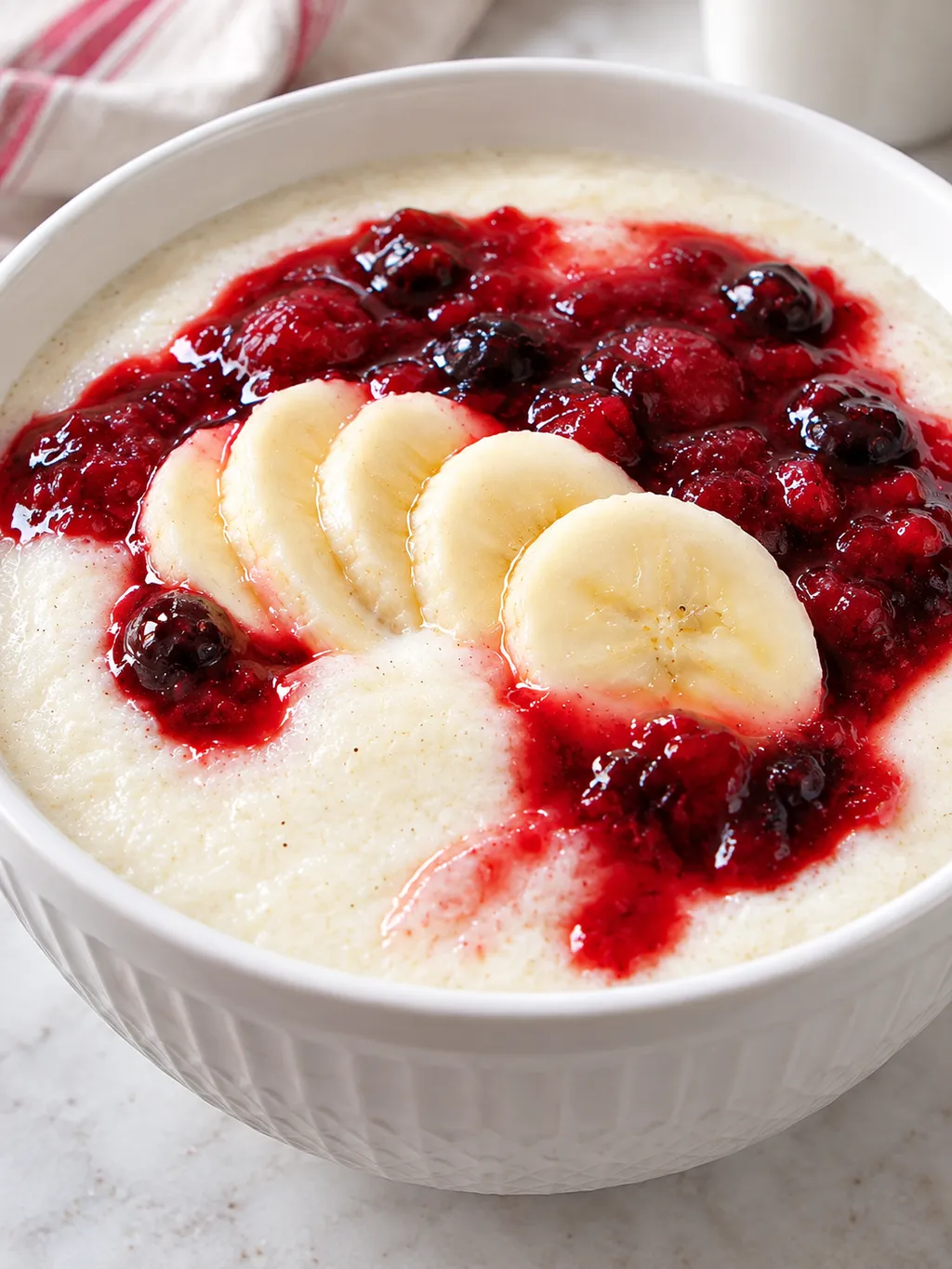 Kremowa kasza manna z bananem i czerwonym sosem owocowym