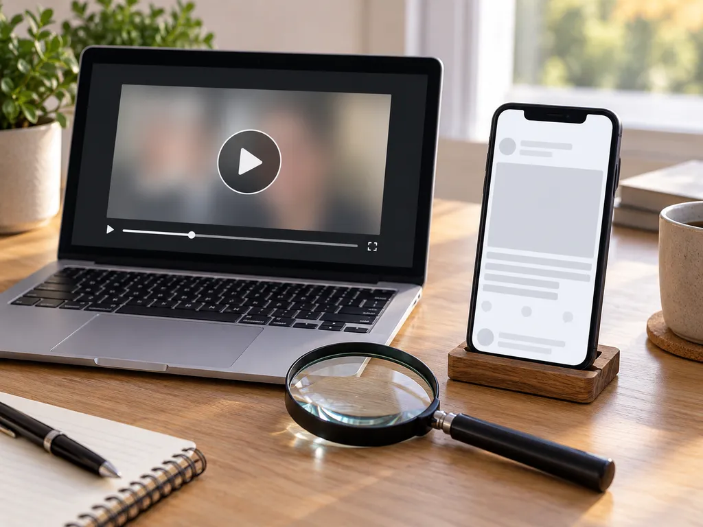 Laptop z odtwarzaczem i telefon z pustą kartą publikacji, porównywane przy użyciu lupy.