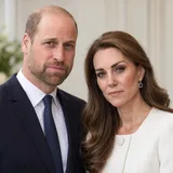 Ilustracyjne portrety Kate Middleton i księcia Williama na jasnym tle.