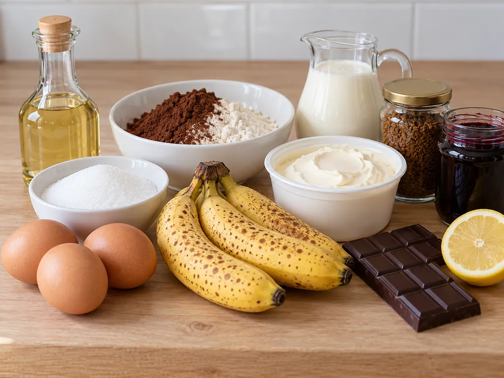 Składniki na bananowca: jajka, mąka z kakao, banany, mascarpone i śmietanka