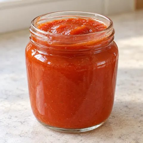 Gęsty ketchup z cukinii w małym szklanym słoiku