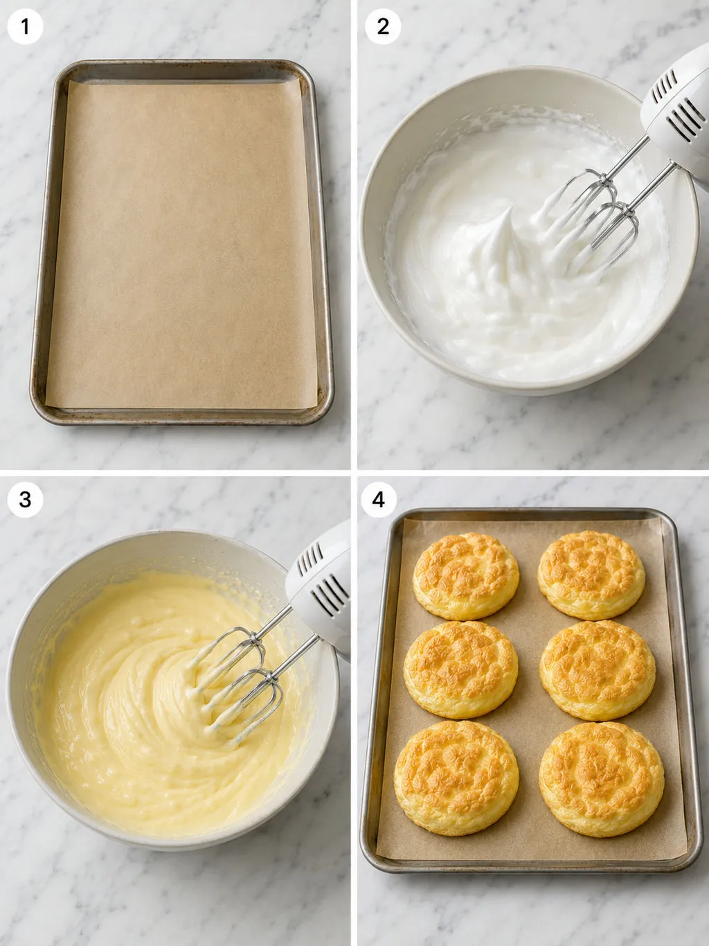 Four steps for making keto cloud bread from eggs and cream cheese
