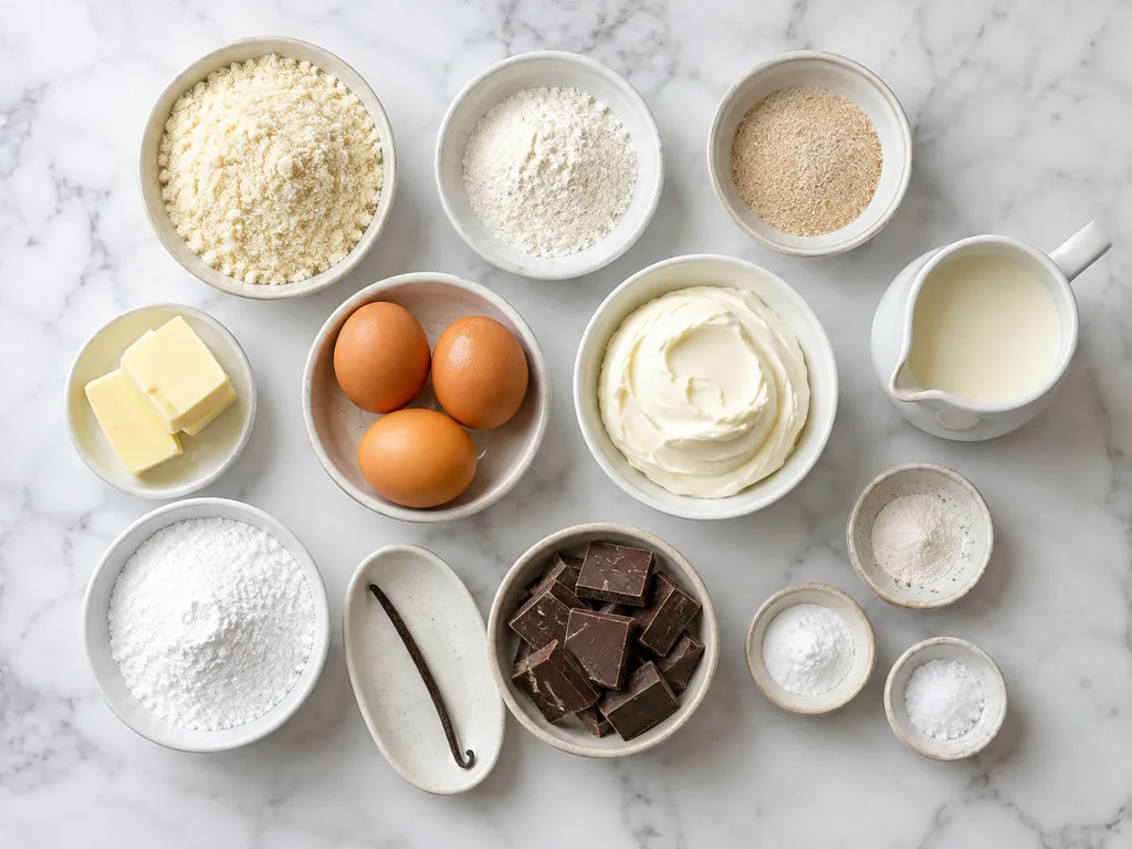 Składniki na keto eklerki z mascarpone, jajkami i gorzką czekoladą