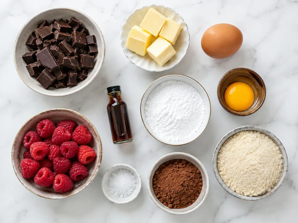 Ingredients for keto lava cake with chocolate, eggs, butter and almond flour