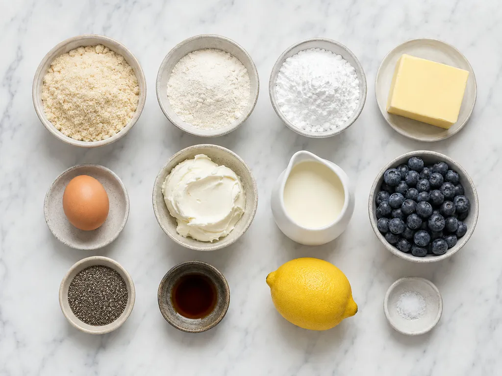 Składniki na keto tartę borówkową z mąką migdałową i mascarpone