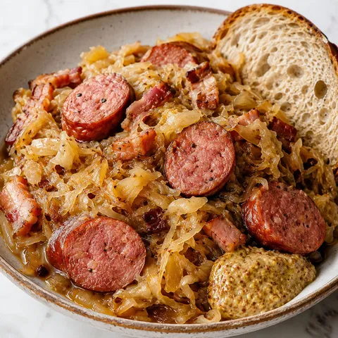 Sliced kielbasa braised with golden sauerkraut, bacon and onion on a rustic plate