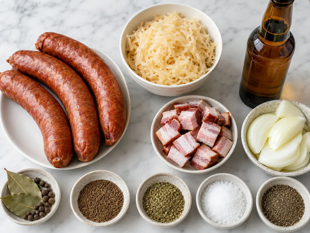 Raw kielbasa, sauerkraut, bacon, onion and spices arranged on a wooden board