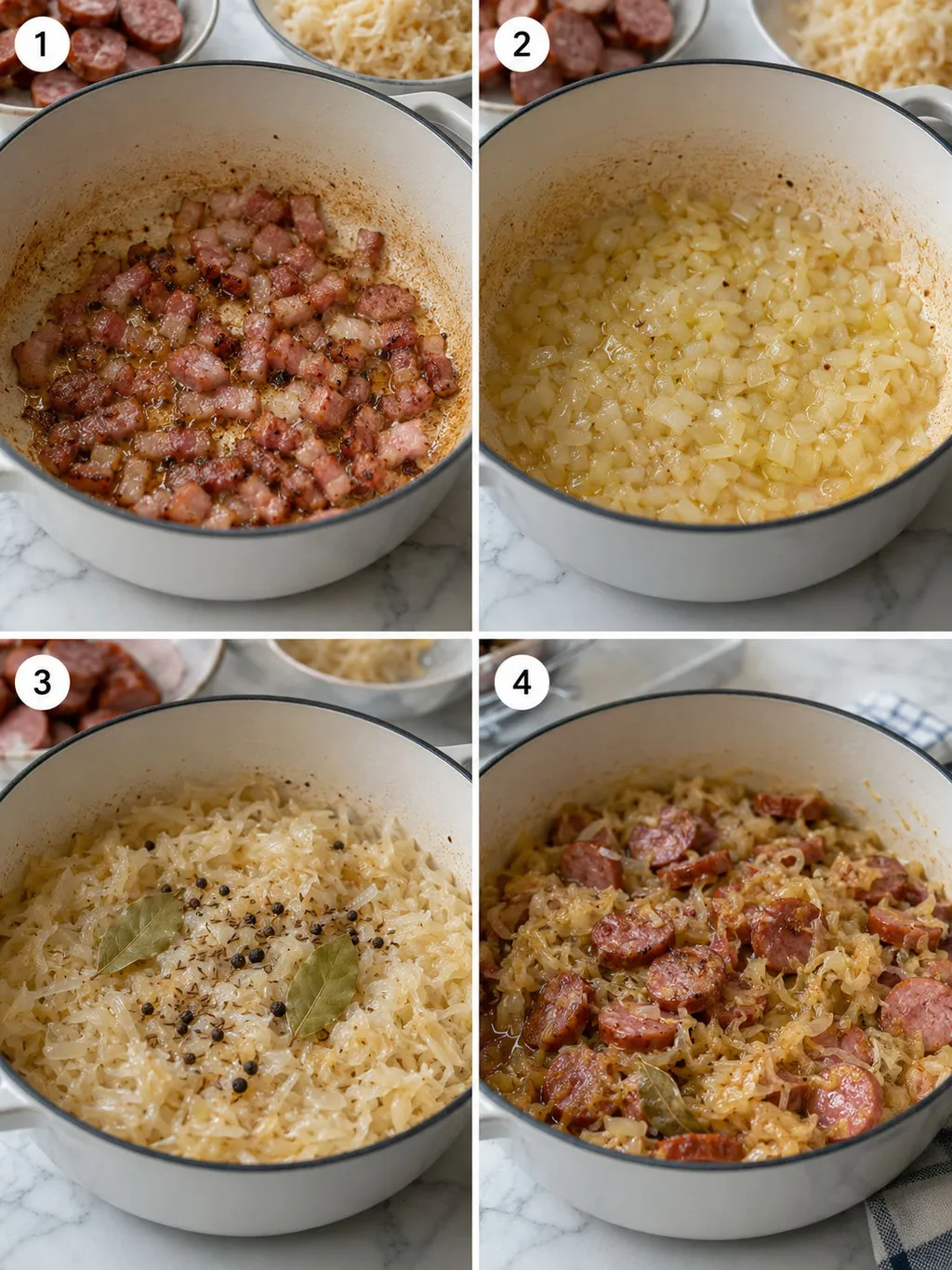 Four cooking steps for kielbasa braised with sauerkraut from browning to simmering